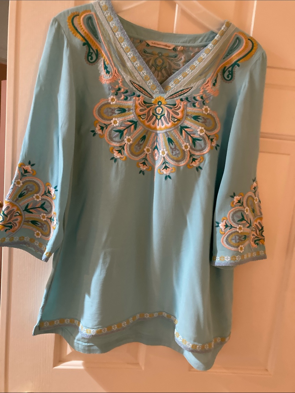 Soft Surroundings Light Blue Embroidered V-Neck Tunic